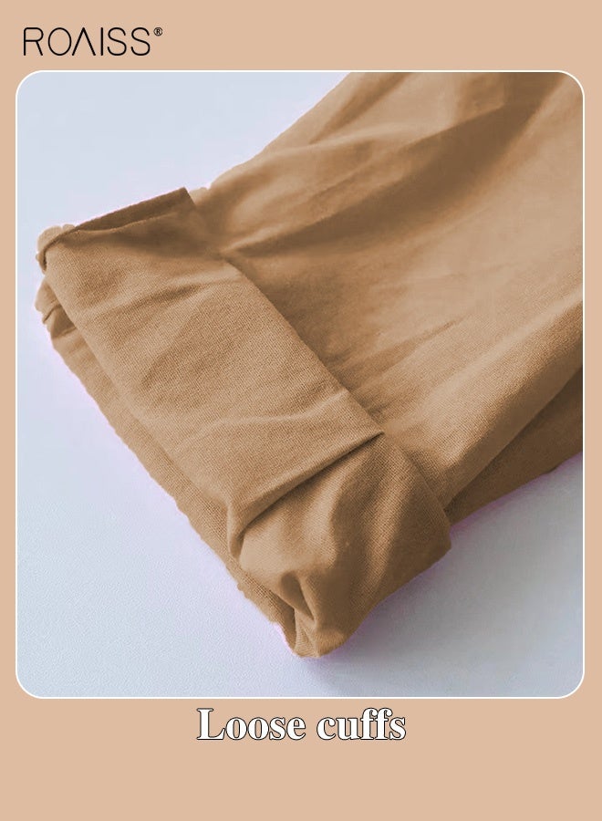 roaiss Ladies 2 Piece Set New Trend Fashion Cotton Linen Shirt Suit Loose Pants Summer Spring Clothes for Women Breathable and Cool Long-Sleeve Lapel Shirt Brown for Daily Commute - Image 5