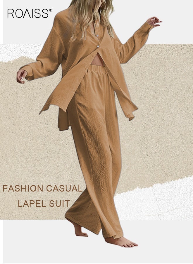 roaiss Ladies 2 Piece Set New Trend Fashion Cotton Linen Shirt Suit Loose Pants Summer Spring Clothes for Women Breathable and Cool Long-Sleeve Lapel Shirt Brown for Daily Commute - Image 2