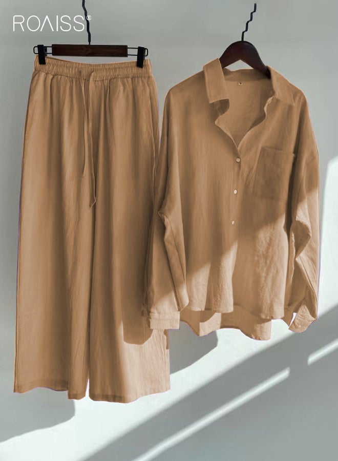 roaiss Ladies 2 Piece Set New Trend Fashion Cotton Linen Shirt Suit Loose Pants Summer Spring Clothes for Women Breathable and Cool Long-Sleeve Lapel Shirt Brown for Daily Commute - Image 1