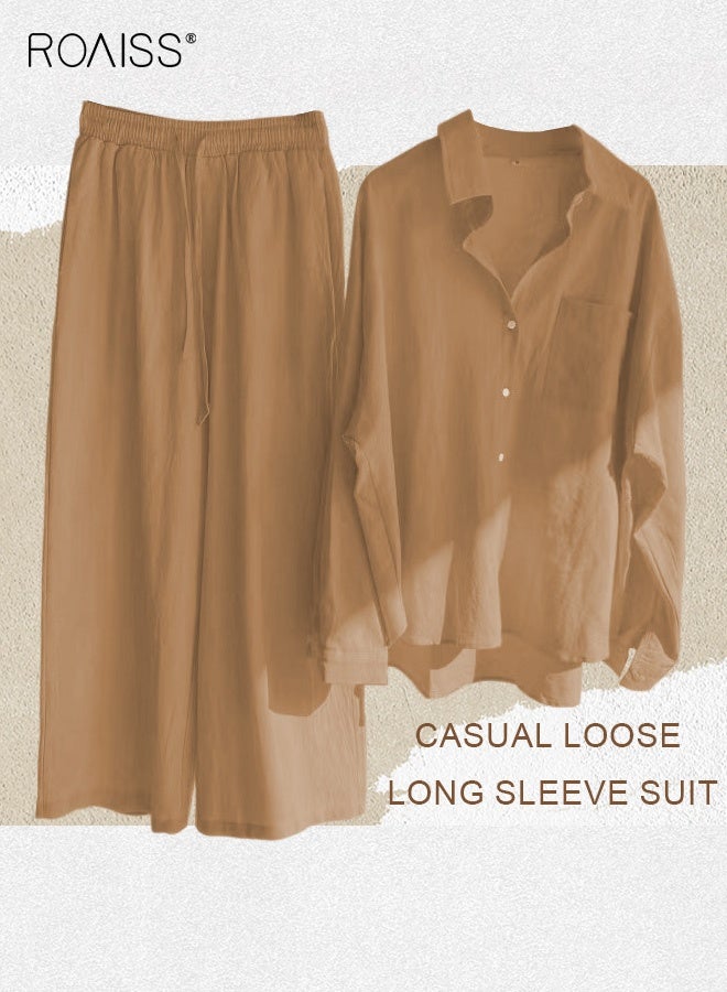 roaiss Ladies 2 Piece Set New Trend Fashion Cotton Linen Shirt Suit Loose Pants Summer Spring Clothes for Women Breathable and Cool Long-Sleeve Lapel Shirt Brown for Daily Commute - Image 3