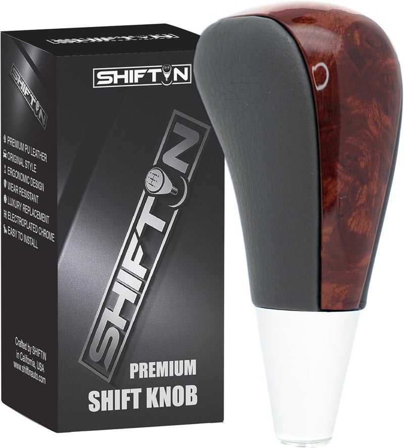 SHIFTIN Leather Wood Gear Shift Knob for Toyota Avalon Yaris 4Runner Land Cruiser Sienna Camry Solara Tacoma and Lexus ES300 ES330 GS300 GS400 GS430 SC300 SC400 (Gray Leather/Birds Eye Walnut) - Image 1