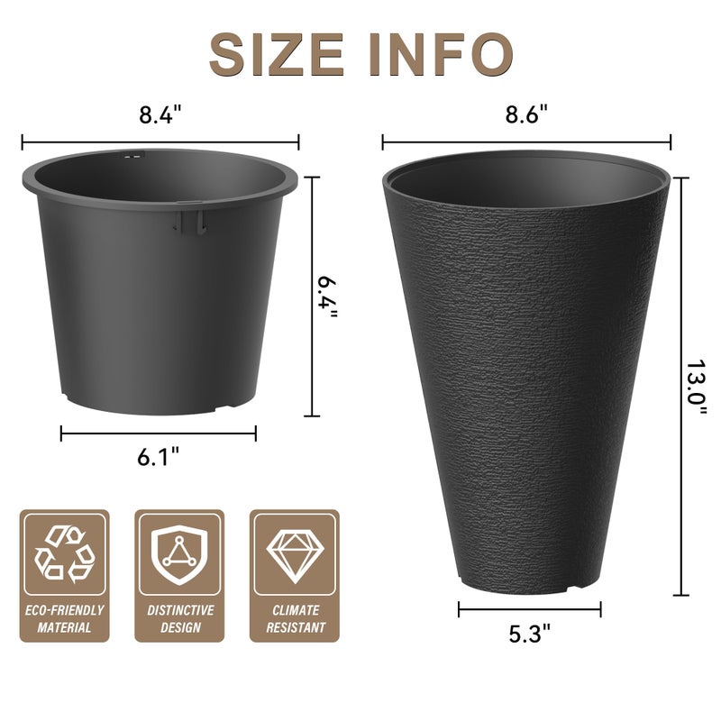 Kante Tall Round Planter Set of 2, 13 Inch Tall Decorative Planter Pots for Outdoor Indoor Garden Patio Front Porch (Brunish Black) - Image 2