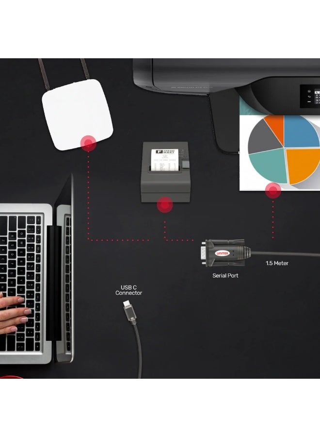 UNITEK USB-C to Serial RS232 Cable – Plug & Play Adapter for Printer, Label Writer & Industrial Devices, 1.5M Bus-Powered - Image 2