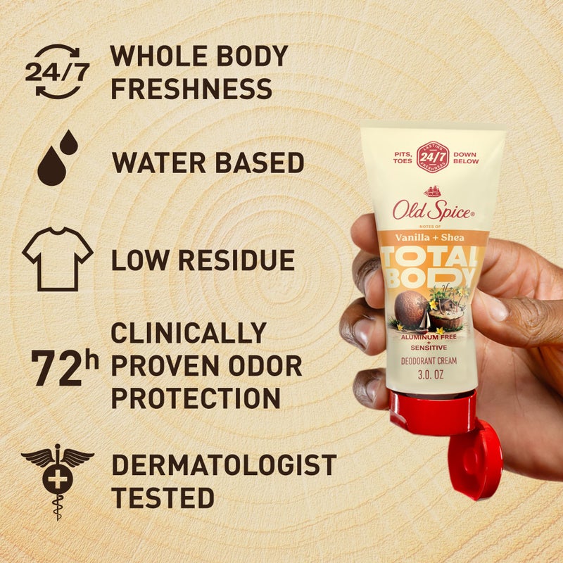 Old Spice Whole Body Deodorant Cream for Men, Aluminum Free, Vanilla + Shea Scent, 24/7 Odor Protection, 24/7 Lasting Freshness, Dermatologist Tested, Gentle on Skin, Safe to Use All Over, 3.0 oz - Image 3