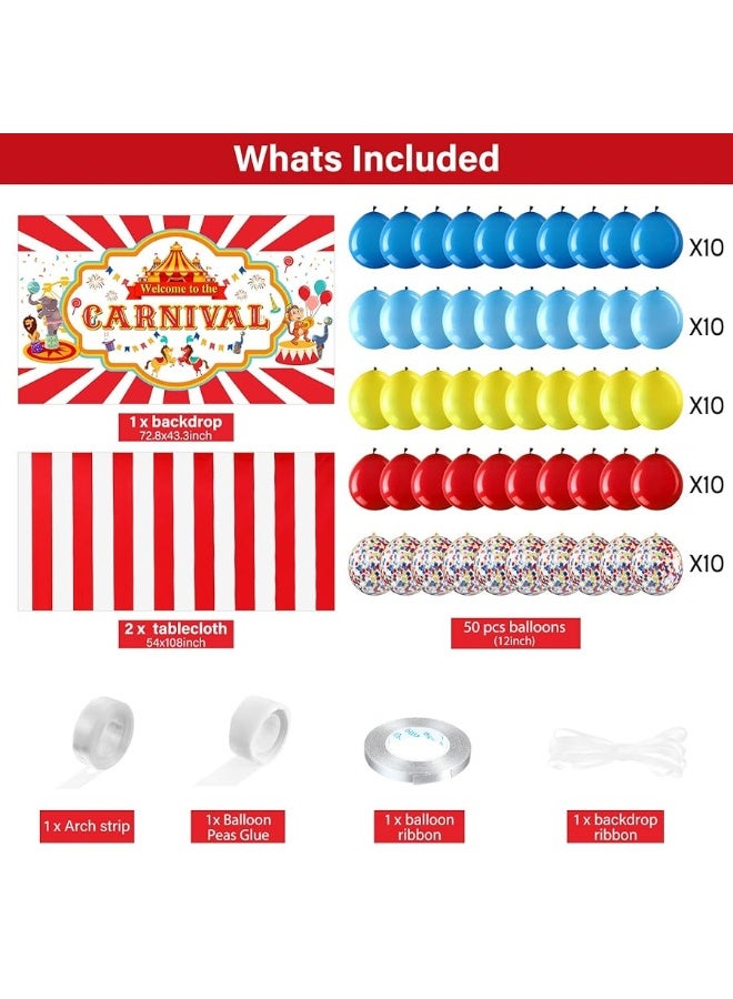 Tatuo Circus Carnival Party Decoration Including Circus Confetti Balloons Kit Carnival Photography Backdrop Banner Carnival Party Tablecloths for Kids Boys Girls Birthday Party Decorations Supplies - Image 1