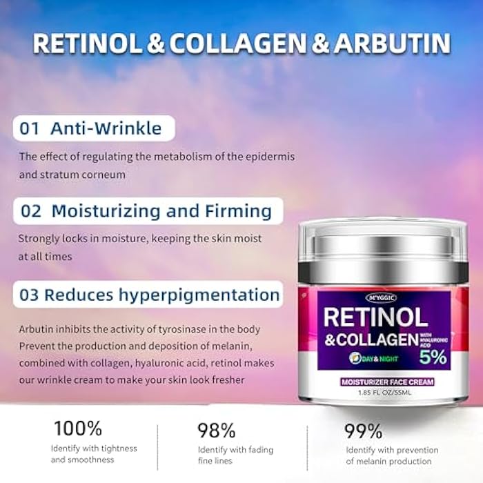 M'YGGIC Collagen Moisturizer Retinol Face Cream with Hyaluronic Acid & Arbutin, Day & Night Anti Aging Facial Moisturizing Cream for Face and Neck to Reduce Wrinkles, Women and Men ，1.85 Fl Oz - Image 3