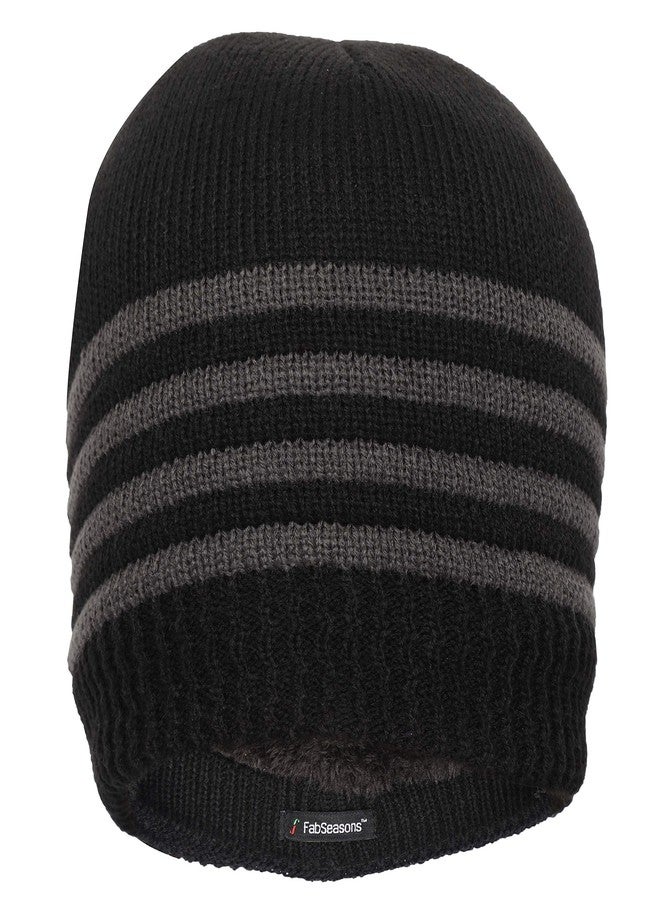 FabSeasons Unisex Acrylic Woolen Skull Cap for Winters with Faux Fur Lining on The Inner Side for Extra Protection from Cold Black - Image 1