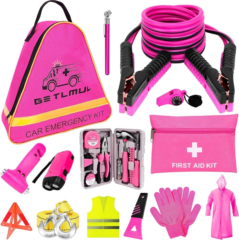 GETLMUL Pink Car Emergency Kit - Premium Roadside Accessories with Jumper Cables, Flashlight, and Toolbox Set - Image 1