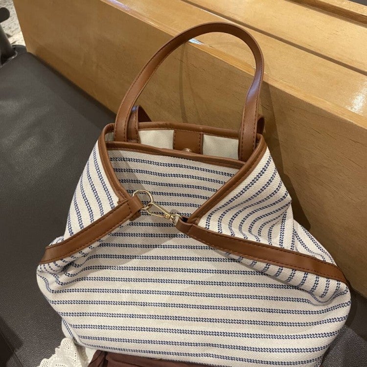 Korean Style Large Capacity Striped Canvas Tote Bag - Image 3