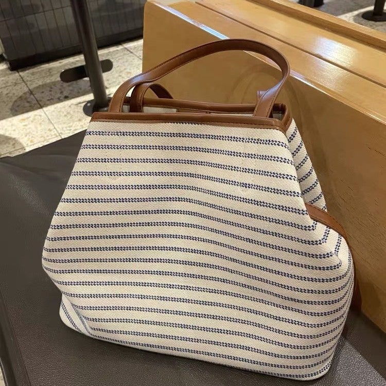 Korean Style Large Capacity Striped Canvas Tote Bag - Image 2