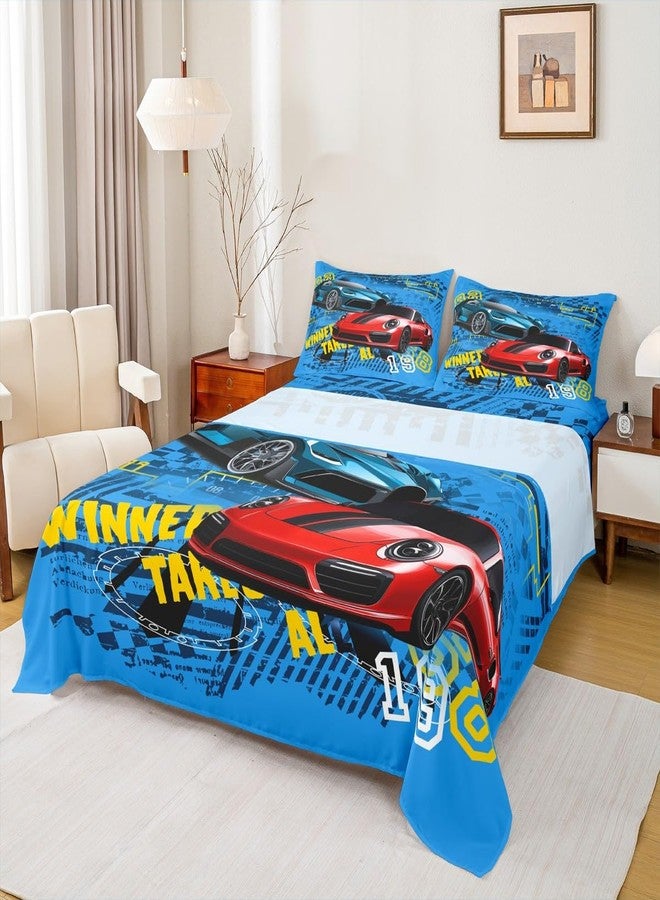 Castle Fairy Sports Car Race Fitted Sheets Set - Full Size Speed Bedding - Includes 1 Flat, 1 Fitted Sheet, 2 Pillowcases - Image 1