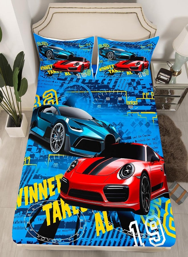 Castle Fairy Sports Car Race Fitted Sheets Set - Full Size Speed Bedding - Includes 1 Flat, 1 Fitted Sheet, 2 Pillowcases - Image 4