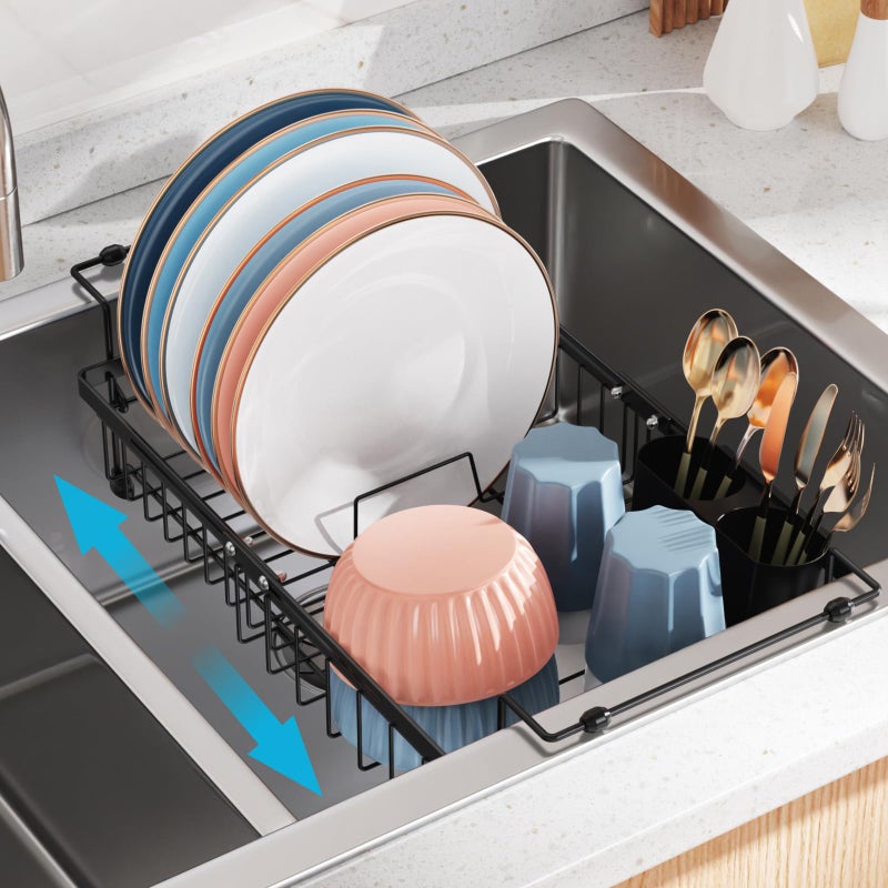 iSPECLE Expandable in Sink Dish Drying Rack  Adjustable Capacity 124171L Over The Sink Dish Drainer Drying Rack for Kitchen Counter and Sink Dish Rack with Utensil Holder Black