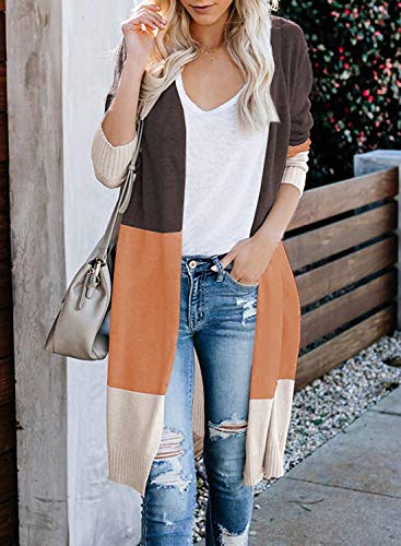 CARDYDONY Women's Color Block Striped Long Sleeve Casual Knit Sweaters Coffee XL - Image 2