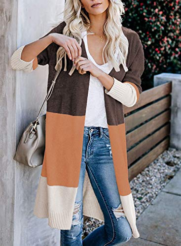 CARDYDONY Women's Color Block Striped Long Sleeve Casual Knit Sweaters Coffee XL - Image 3