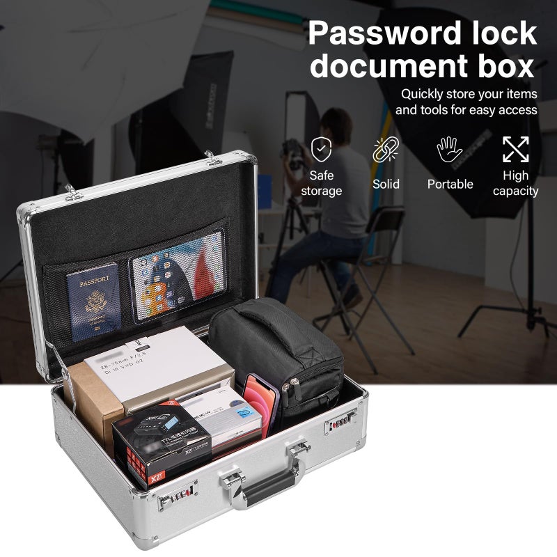 LOCKCURX File Organizer Storage Box - 18.9 x 14.6 x 6.3 Inch X-Large, Portable Locking Storage Totes with Dual Combination Locks for Cash, Documents & Valuables - Silver - Image 5