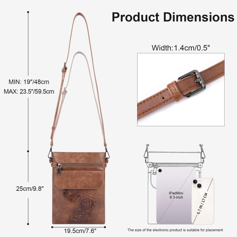 VIMUTI Small Crossbody Purse for Women, Soft Vegan Leather Multi Pocket Zipper Bag with Adjustable Strap Embossed Lightweight Travel Shoulder Bag (Brown) - Image 3