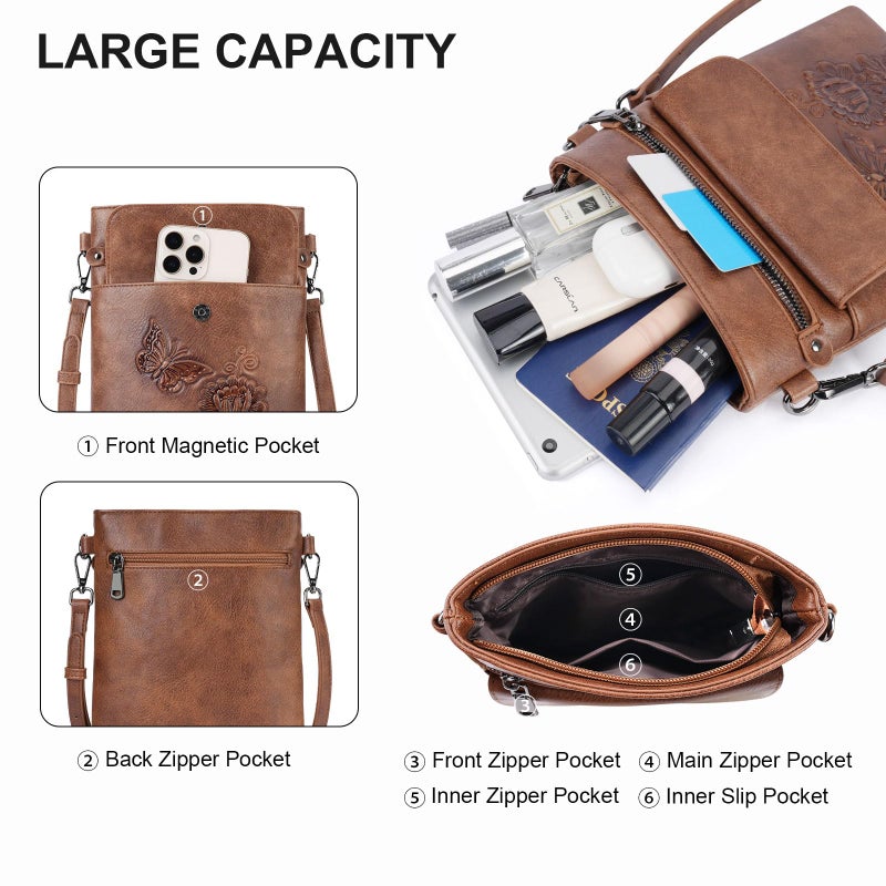 VIMUTI Small Crossbody Purse for Women, Soft Vegan Leather Multi Pocket Zipper Bag with Adjustable Strap Embossed Lightweight Travel Shoulder Bag (Brown) - Image 4