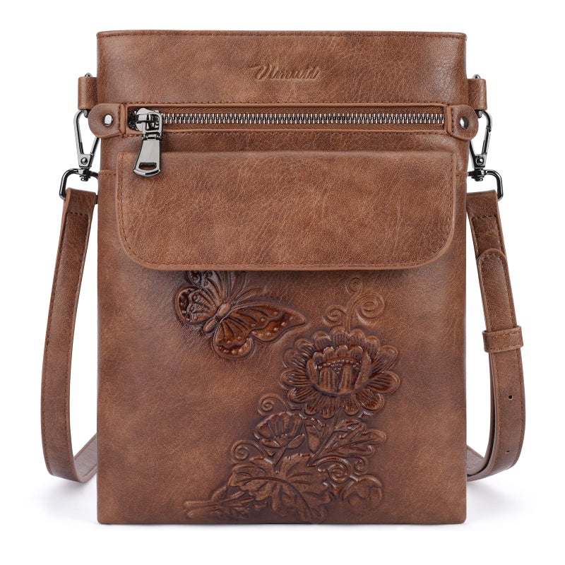 VIMUTI Small Crossbody Purse for Women, Soft Vegan Leather Multi Pocket Zipper Bag with Adjustable Strap Embossed Lightweight Travel Shoulder Bag (Brown) - Image 1
