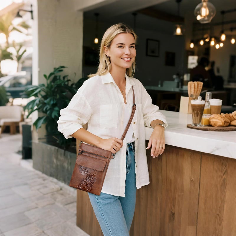 VIMUTI Small Crossbody Purse for Women, Soft Vegan Leather Multi Pocket Zipper Bag with Adjustable Strap Embossed Lightweight Travel Shoulder Bag (Brown) - Image 2