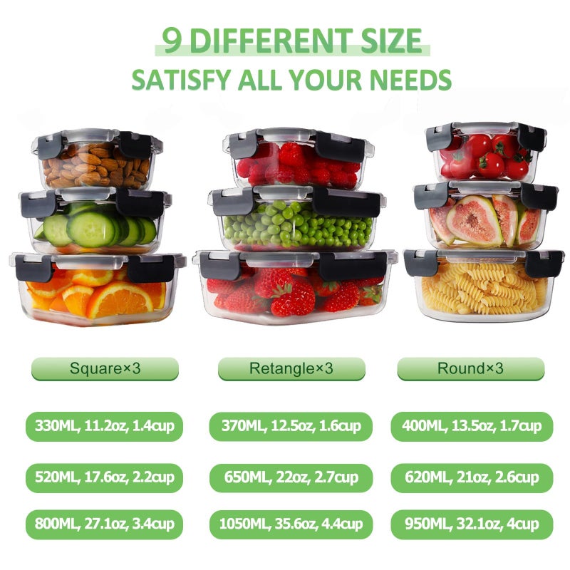 HOMBERKING [18 Piece Glass Food Storage Containers with Lids, Glass Meal Prep Containers, Airtight Lunch Bento Boxes, BPA-Free & Leak Proof, Oven, Freezer and Dishwasher Safe (9 lids & 9 Containers) - Image 2