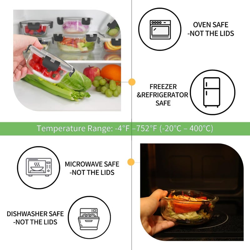 HOMBERKING [18 Piece Glass Food Storage Containers with Lids, Glass Meal Prep Containers, Airtight Lunch Bento Boxes, BPA-Free & Leak Proof, Oven, Freezer and Dishwasher Safe (9 lids & 9 Containers) - Image 3