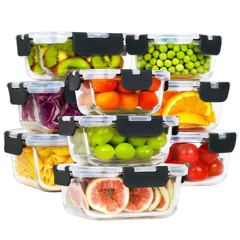 HOMBERKING [18 Piece Glass Food Storage Containers with Lids, Glass Meal Prep Containers, Airtight Lunch Bento Boxes, BPA-Free & Leak Proof, Oven, Freezer and Dishwasher Safe (9 lids & 9 Containers) - Image 1