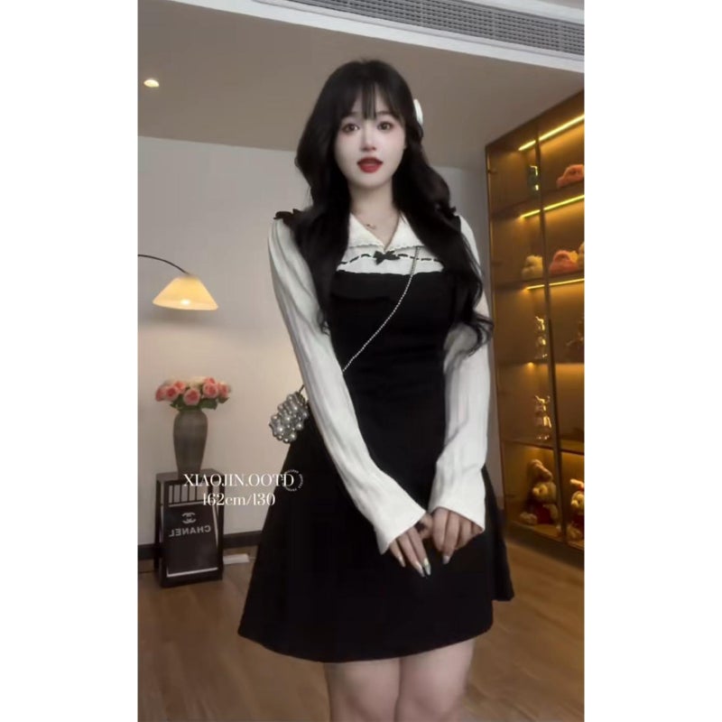 Large-size French fake two-piece dress for women in autumn and winter, with a waist-cinching and slimming design, pleated and beautiful A-line skirt - Image 3