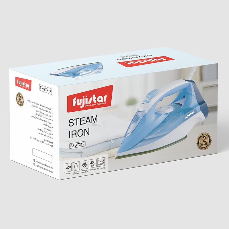 fujistar Steam Iron with Ceramic Soleplate, 2200W, Self-Cleaning, 300ml Water Tank, Blue - Image 2