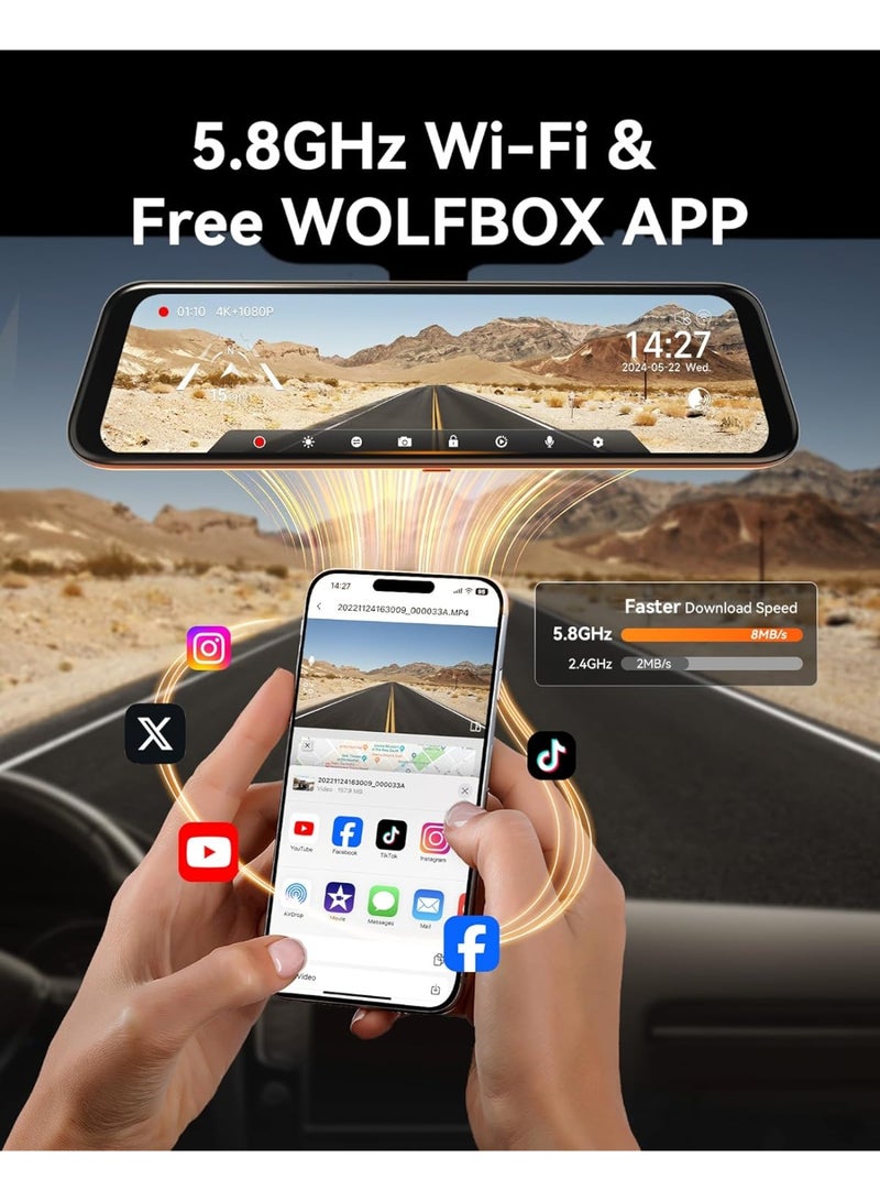 وولف بوكس كاميرا ذكية للوحة القيادة بمرآة أمامية وخلفية - Image 3