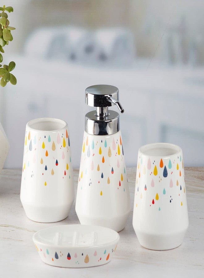 Kookee Ceramic Bathroom Set – Stylish 4 Piece Bath Accessories Kit with Soap Dispenser, Toothbrush Holder, Tumbler & Soap Dish – Modern & Designer Decor, White/Multicolor (9871) - Image 2