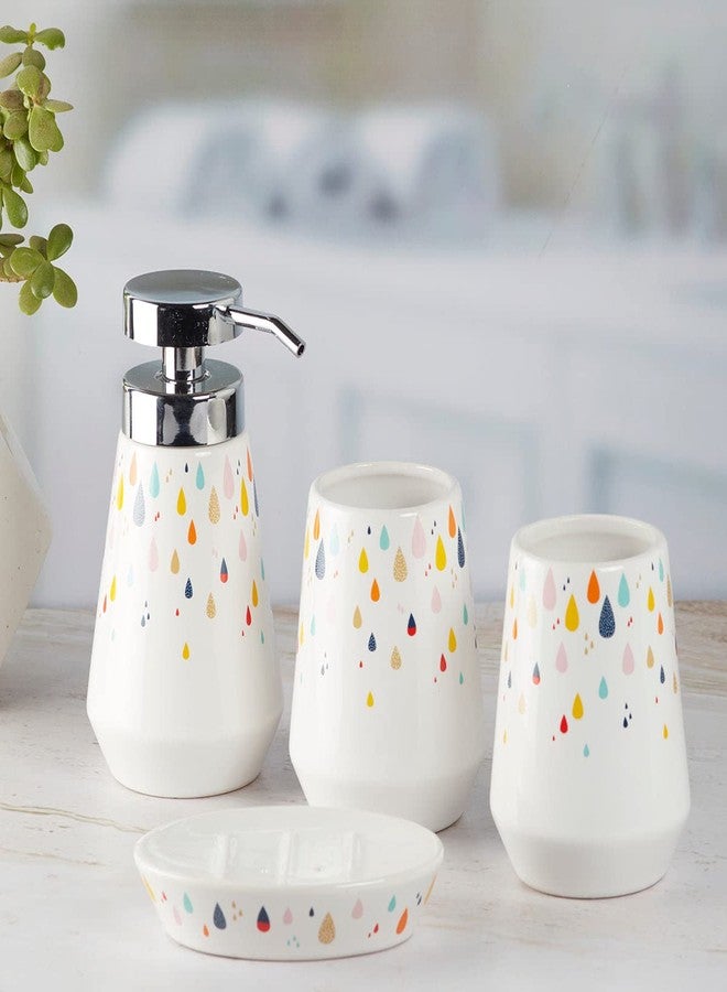 Kookee Ceramic Bathroom Set – Stylish 4 Piece Bath Accessories Kit with Soap Dispenser, Toothbrush Holder, Tumbler & Soap Dish – Modern & Designer Decor, White/Multicolor (9871) - Image 1
