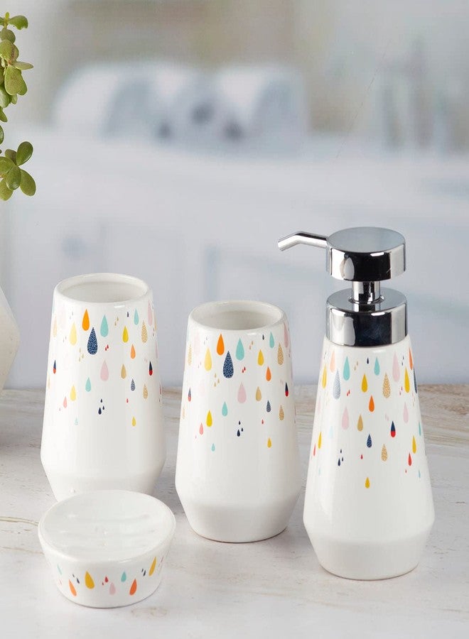 Kookee Ceramic Bathroom Set – Stylish 4 Piece Bath Accessories Kit with Soap Dispenser, Toothbrush Holder, Tumbler & Soap Dish – Modern & Designer Decor, White/Multicolor (9871) - Image 3