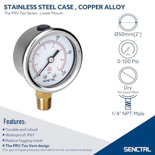 SENCTRL 0-100 Psi Pressure Gauge, 2" Dial Size, 1/4 NPT Lower Mount, Waterproof, Stainless Steel Case, for Water Filter Well Pump Air Tire Low Pressure Test - Image 2