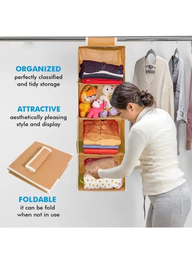 Home Care 4 Shelf Hanging Wardrobe Organizer - Beige Wall Hanging Cloth Storage Rack  - Image 4