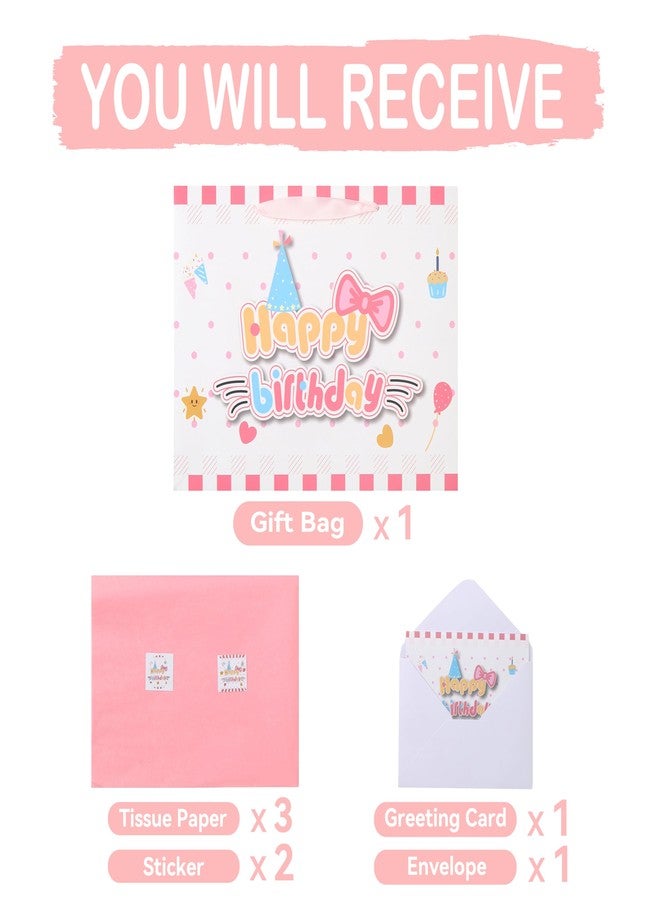 wishinside 13'' Large Cat Happy Birthday Gift Bag Set with Handles, Greeting Card, Pink Tissue Papers and Stickers for Girls Kids Teens Women, Kitty-themed Design, 1 Pcs - Image 3