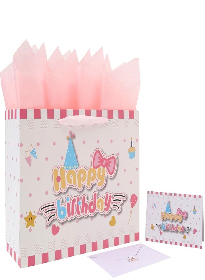 wishinside 13'' Large Cat Happy Birthday Gift Bag Set with Handles, Greeting Card, Pink Tissue Papers and Stickers for Girls Kids Teens Women, Kitty-themed Design, 1 Pcs - Image 1
