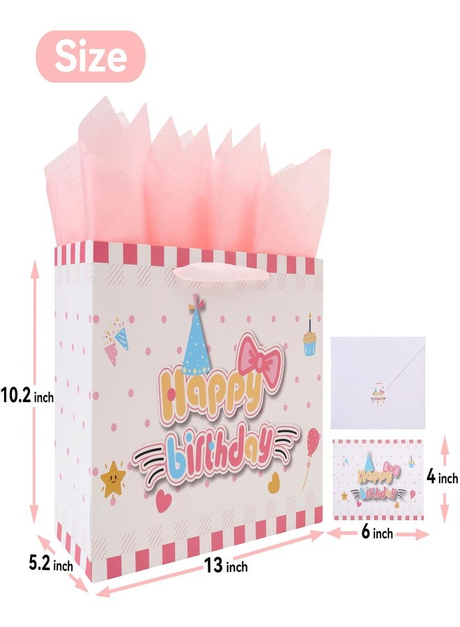wishinside 13'' Large Cat Happy Birthday Gift Bag Set with Handles, Greeting Card, Pink Tissue Papers and Stickers for Girls Kids Teens Women, Kitty-themed Design, 1 Pcs - Image 2