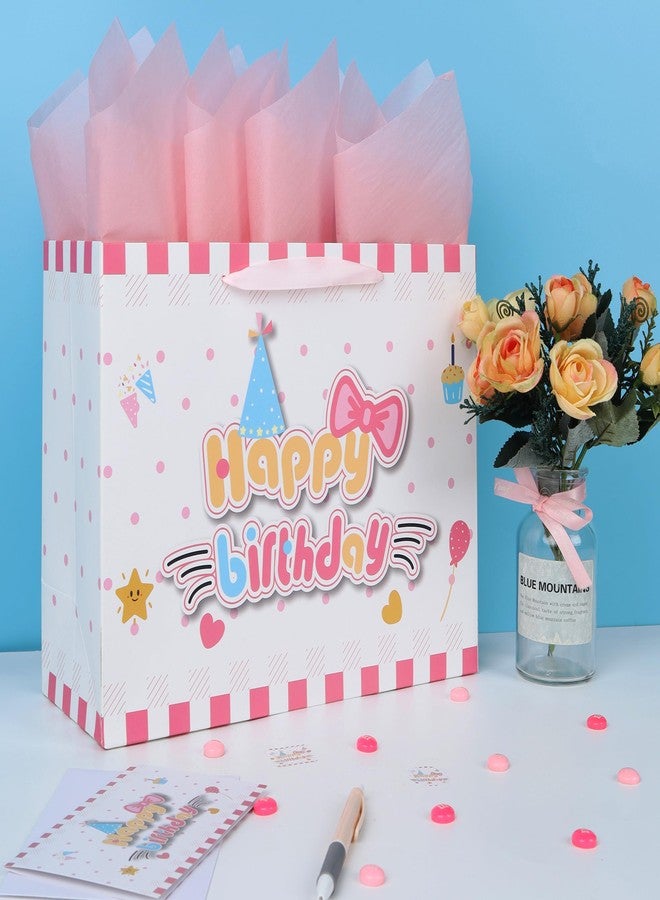wishinside 13'' Large Cat Happy Birthday Gift Bag Set with Handles, Greeting Card, Pink Tissue Papers and Stickers for Girls Kids Teens Women, Kitty-themed Design, 1 Pcs - Image 5
