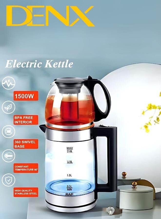 Denx 2-in-1 Glass Kettle And Turkish Tea Maker, 1.8-Liter Capacity + 1-Liter Glass Teapot, 1500 Watts From Denex DX2015 - Image 4