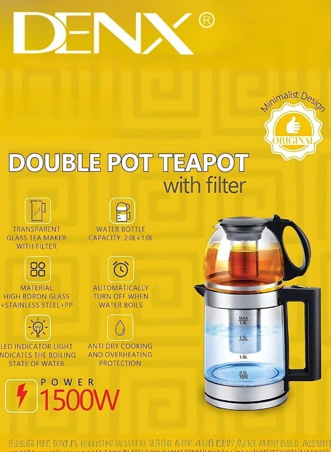 Denx 2-in-1 Glass Kettle And Turkish Tea Maker, 1.8-Liter Capacity + 1-Liter Glass Teapot, 1500 Watts From Denex DX2015 - Image 5