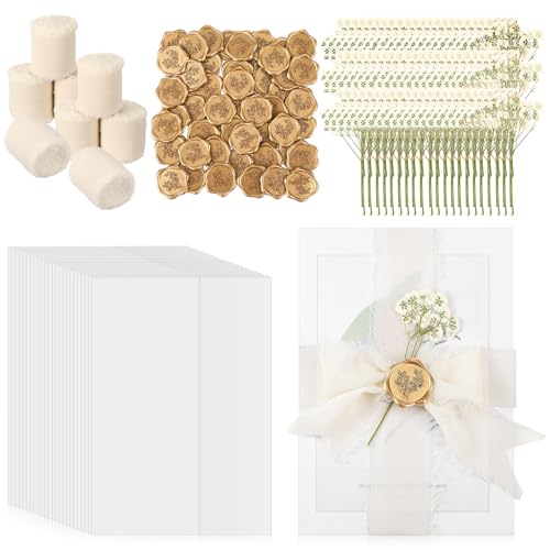 Fuyoooo 50 Sets Wedding Invitations Wraps Set Pre Folded Vellum Jackets for 5 x 7 Invitations Self Adhesive Gold Wax Seal Stickers Dried Baby's Breath Flowers Chiffon Silk Ribbon for Craft DIY - Image 1