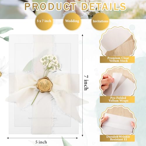 Fuyoooo 50 Sets Wedding Invitations Wraps Set Pre Folded Vellum Jackets for 5 x 7 Invitations Self Adhesive Gold Wax Seal Stickers Dried Baby's Breath Flowers Chiffon Silk Ribbon for Craft DIY - Image 3