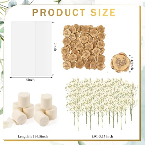 Fuyoooo 50 Sets Wedding Invitations Wraps Set Pre Folded Vellum Jackets for 5 x 7 Invitations Self Adhesive Gold Wax Seal Stickers Dried Baby's Breath Flowers Chiffon Silk Ribbon for Craft DIY - Image 2