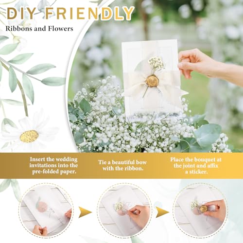 Fuyoooo 50 Sets Wedding Invitations Wraps Set Pre Folded Vellum Jackets for 5 x 7 Invitations Self Adhesive Gold Wax Seal Stickers Dried Baby's Breath Flowers Chiffon Silk Ribbon for Craft DIY - Image 4