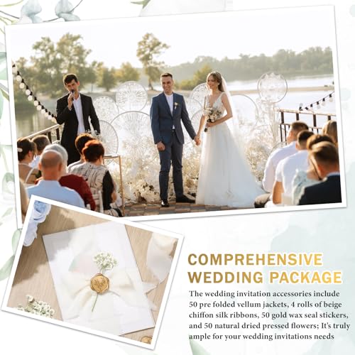Fuyoooo 50 Sets Wedding Invitations Wraps Set Pre Folded Vellum Jackets for 5 x 7 Invitations Self Adhesive Gold Wax Seal Stickers Dried Baby's Breath Flowers Chiffon Silk Ribbon for Craft DIY - Image 5