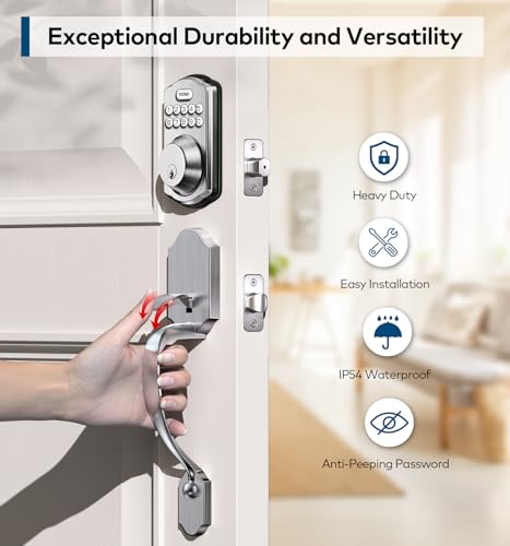 TEEHO Keyless Entry Door Lock Deadbolt with Handle Set, Electronic Digital Smart Locks Set for Front Door with 2 Keys, Easy to Install Keypad Deadbolt, Auto Lock - Satin Nickel - Image 5