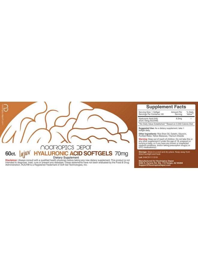 Nootropics Depot Injuv Softgels ; 70Mg ; 60 Count ; Natural Hyaluronic Acid ; Skin Health Supplement - Image 3
