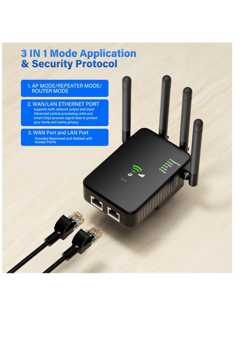 Excefore - WiFi Extender, 1200Mbps Wi-Fi Signal Booster Amplifier, for Home WiFi 2.4&5GHz Dual Band(9800sq.ft)Wireless Repeater, with Ethernet Port & AP Mode, 4 Antennas 360° Coverage - Image 1