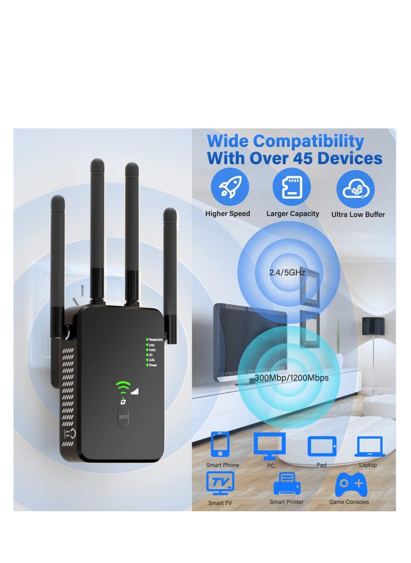 Excefore - WiFi Extender, 1200Mbps Wi-Fi Signal Booster Amplifier, for Home WiFi 2.4&5GHz Dual Band(9800sq.ft)Wireless Repeater, with Ethernet Port & AP Mode, 4 Antennas 360° Coverage - Image 1
